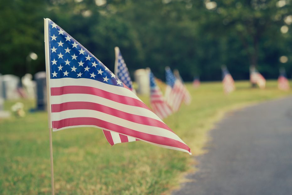 American flags displayed at a cemetery on Memorial Day. Vintage tone.